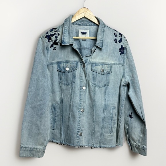 Old Navy Jackets & Blazers - Old Navy Denim Jean Jacket Womens XXL Blue Embroidered Floral Raw Hem  Button Up